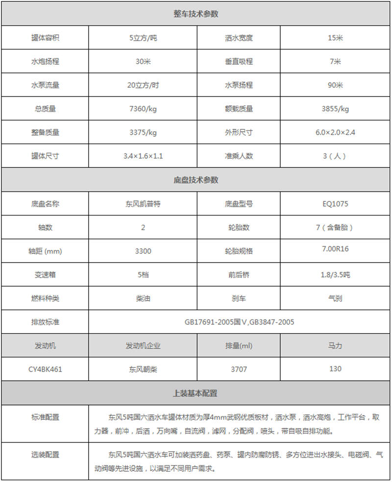 國六5噸灑水車參數