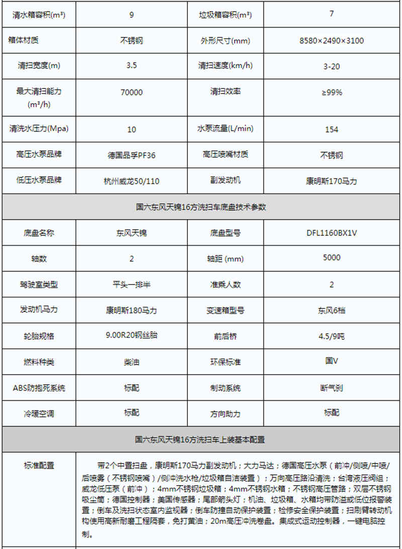 國六天錦洗掃車參數